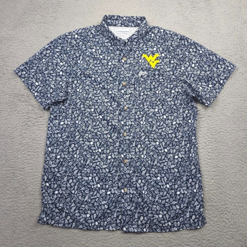 Columbia PFG WVU Mountaineers Super Slack Tide‎ Shirt Men's M Navy